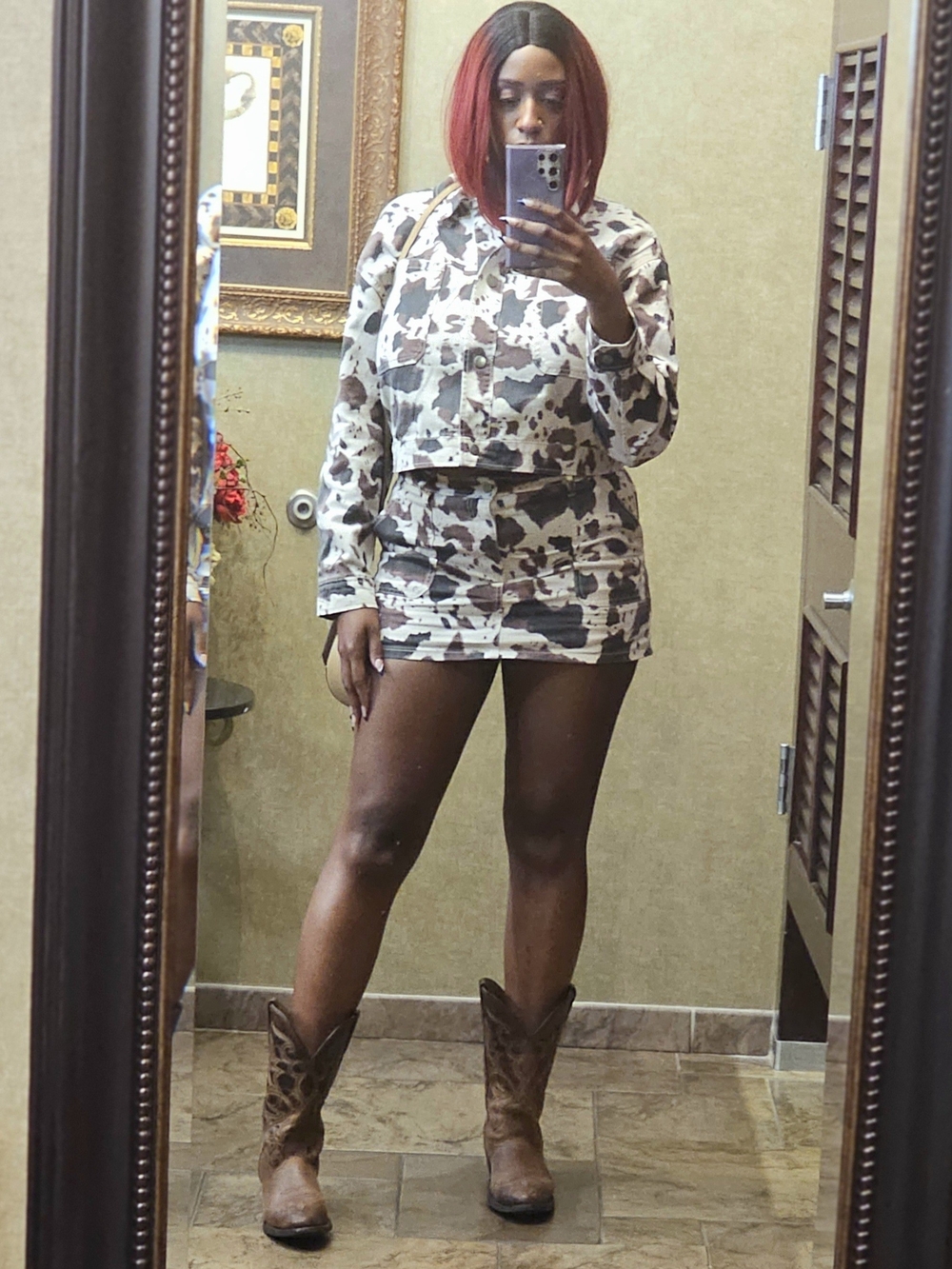 Cow Print Matching Crop Jacket & Mini Skirt Set - Brown & Cream